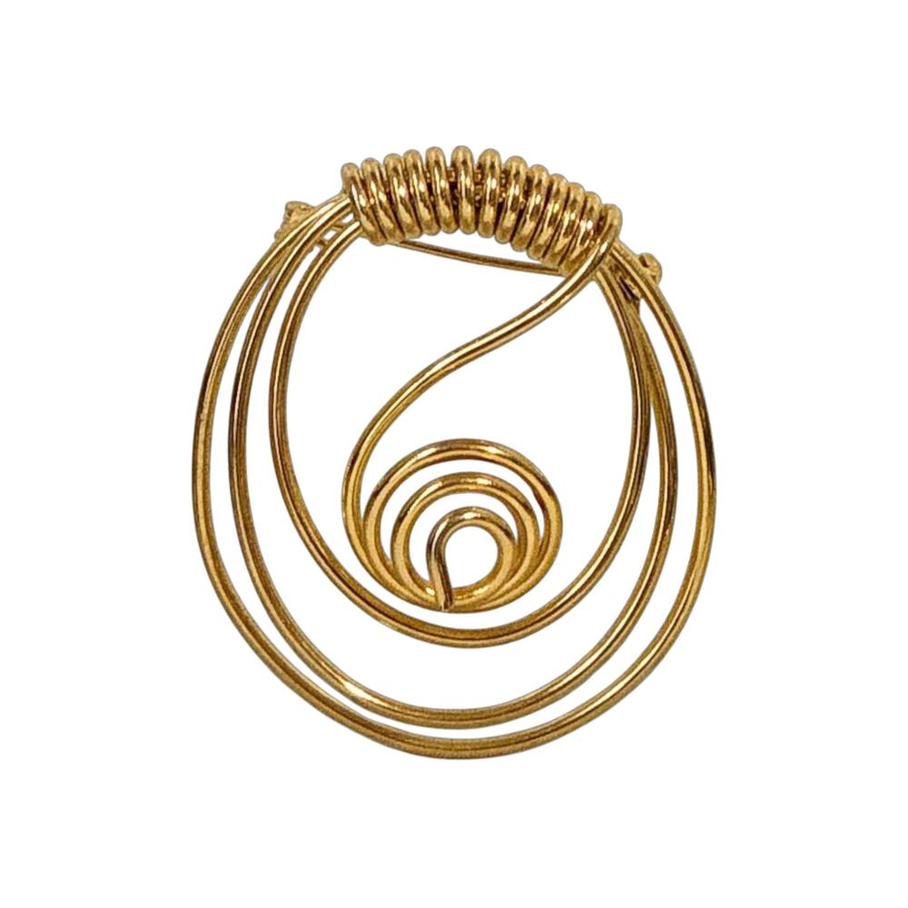 Vintage Gold Spiral Brooch, Mid Century Modernist Wire Swirl Pin